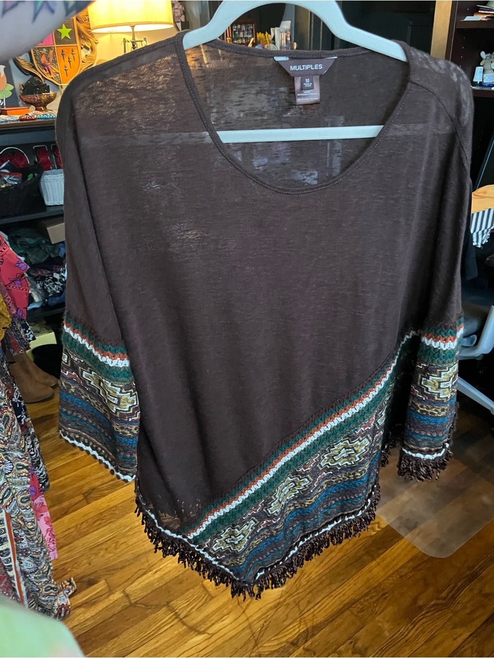 Like New! Multiples Brown One Sleeve Poncho with Teal & Rust Southwestern Trim